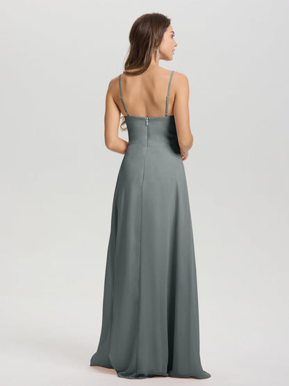 A-Line Spaghetti Straps V-Neck Floor Length Chiffon Bridesmaid Dress