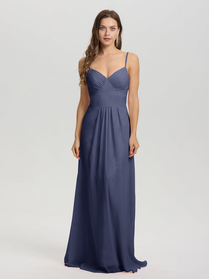 A-Line Spaghetti Straps V-Neck Floor Length Chiffon Bridesmaid Dress
