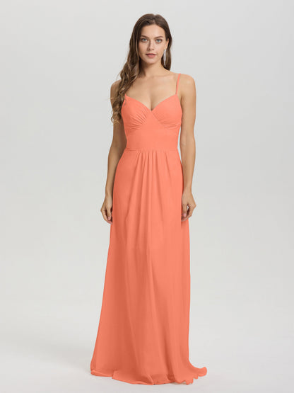 A-Line Spaghetti Straps V-Neck Floor Length Chiffon Bridesmaid Dress