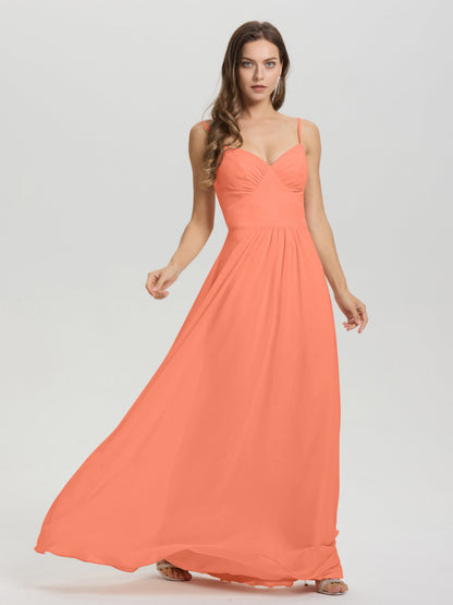 A-Line Spaghetti Straps V-Neck Floor Length Chiffon Bridesmaid Dress