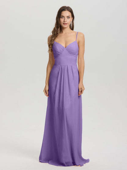 A-Line Spaghetti Straps V-Neck Floor Length Chiffon Bridesmaid Dress