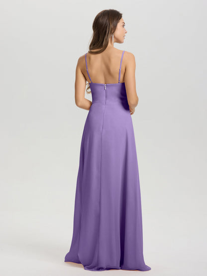 A-Line Spaghetti Straps V-Neck Floor Length Chiffon Bridesmaid Dress