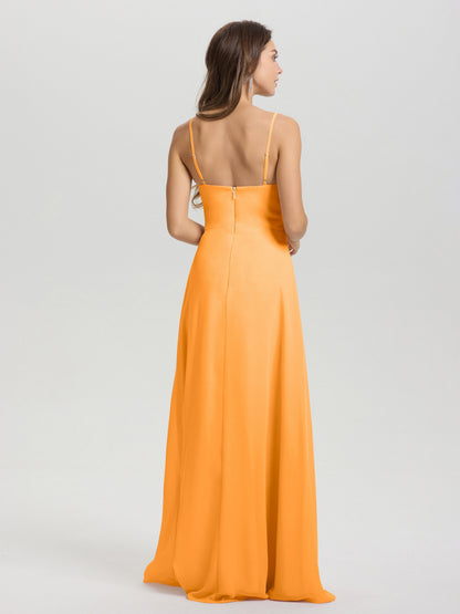 A-Line Spaghetti Straps V-Neck Floor Length Chiffon Bridesmaid Dress
