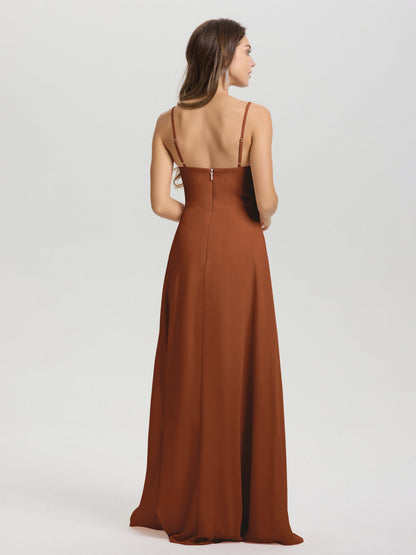 A-Line Spaghetti Straps V-Neck Floor Length Chiffon Bridesmaid Dress