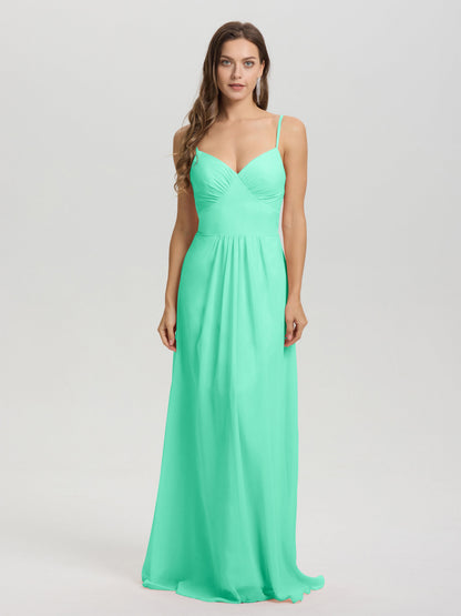 A-Line Spaghetti Straps V-Neck Floor Length Chiffon Bridesmaid Dress