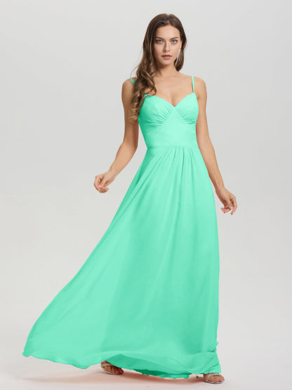 A-Line Spaghetti Straps V-Neck Floor Length Chiffon Bridesmaid Dress