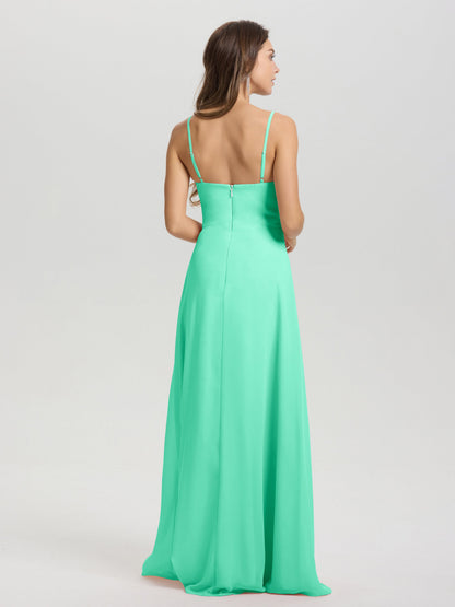 A-Line Spaghetti Straps V-Neck Floor Length Chiffon Bridesmaid Dress