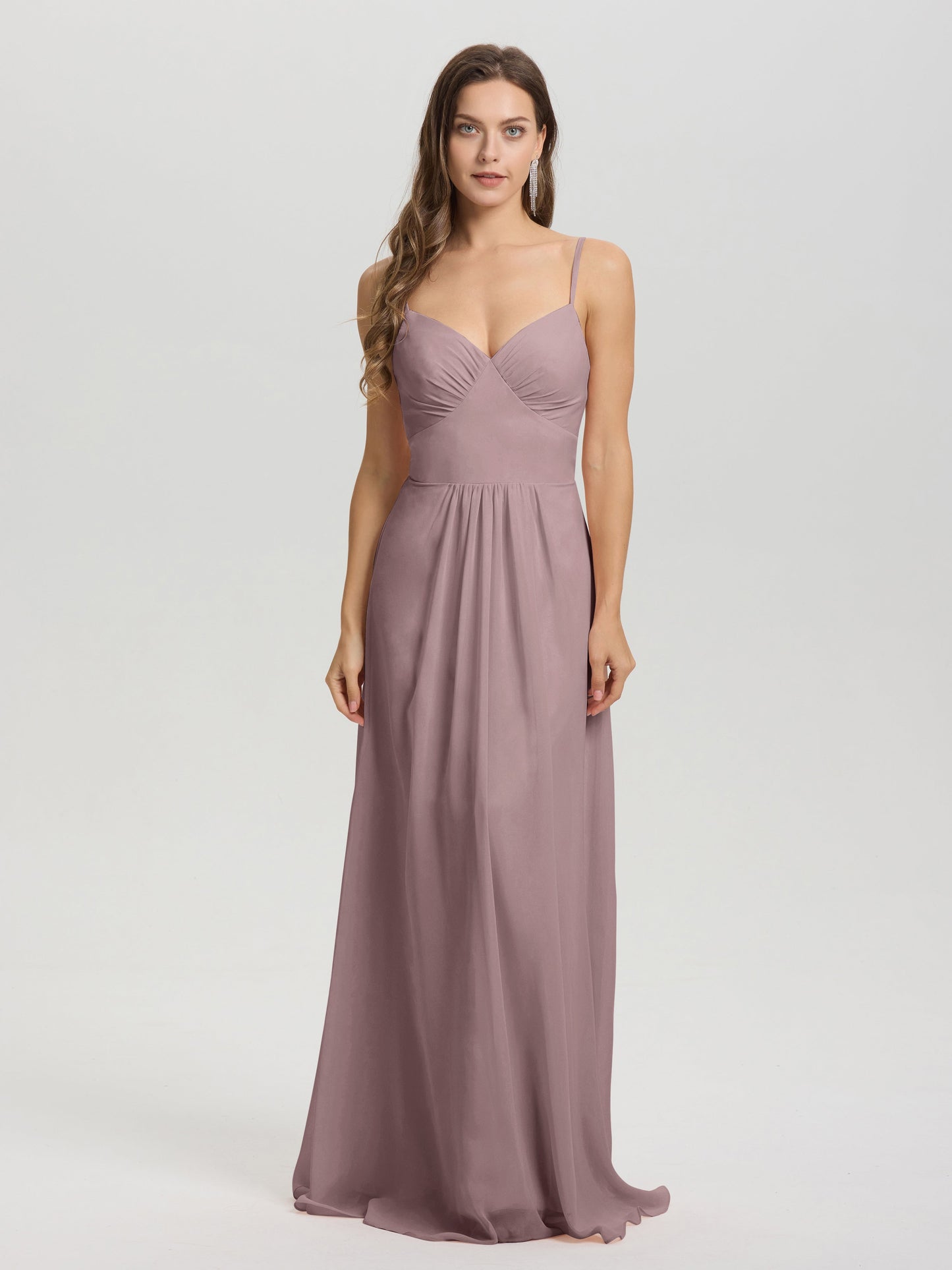 A-Line Spaghetti Straps V-Neck Floor Length Chiffon Bridesmaid Dress