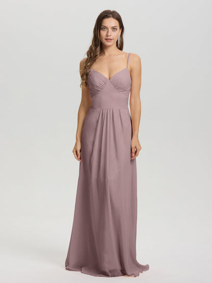 A-Line Spaghetti Straps V-Neck Floor Length Chiffon Bridesmaid Dress
