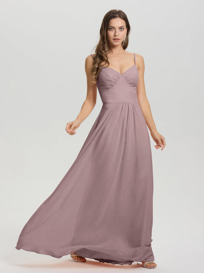 A-Line Spaghetti Straps V-Neck Floor Length Chiffon Bridesmaid Dress