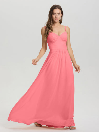 A-Line Spaghetti Straps V-Neck Floor Length Chiffon Bridesmaid Dress