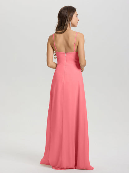 A-Line Spaghetti Straps V-Neck Floor Length Chiffon Bridesmaid Dress