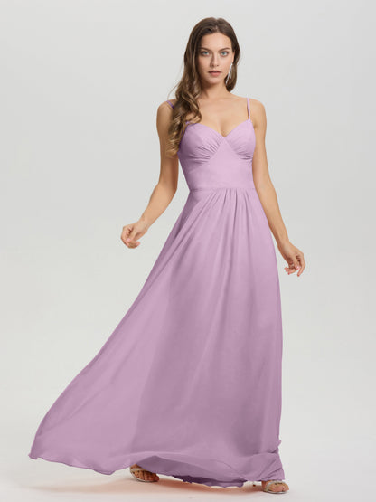 A-Line Spaghetti Straps V-Neck Floor Length Chiffon Bridesmaid Dress