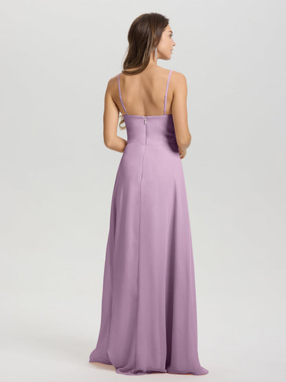 A-Line Spaghetti Straps V-Neck Floor Length Chiffon Bridesmaid Dress