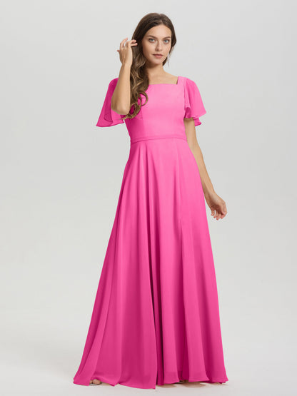 A-Line Square Neck Short Ruffle Sleeves Floor Length Chiffon Bridesmaid Dress