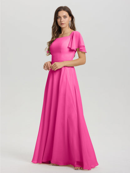 A-Line Square Neck Short Ruffle Sleeves Floor Length Chiffon Bridesmaid Dress