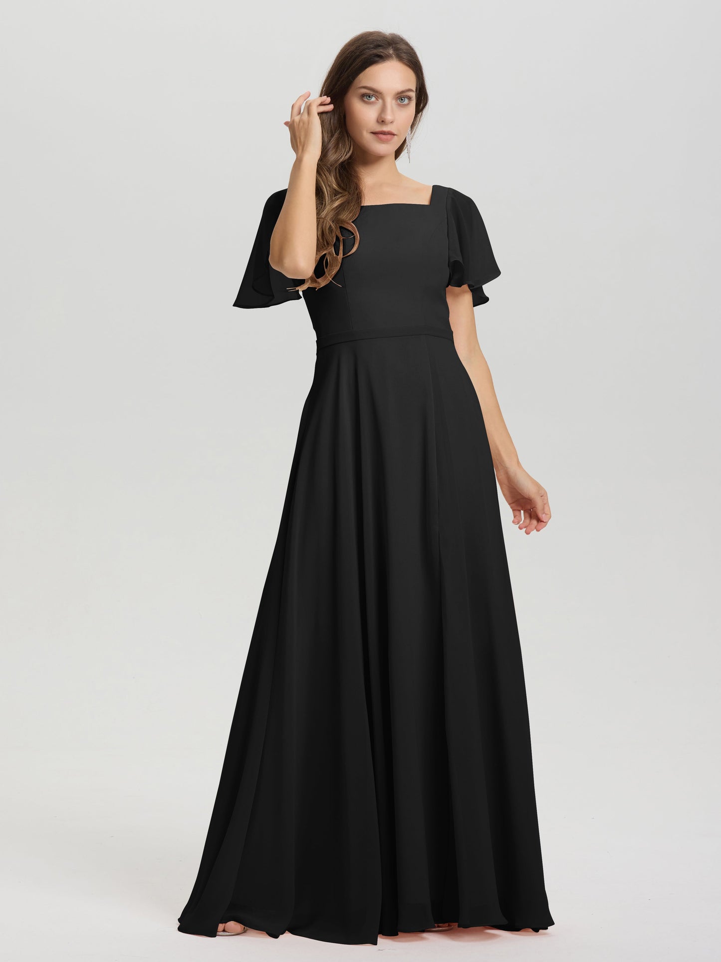 A-Line Square Neck Short Ruffle Sleeves Floor Length Chiffon Bridesmaid Dress