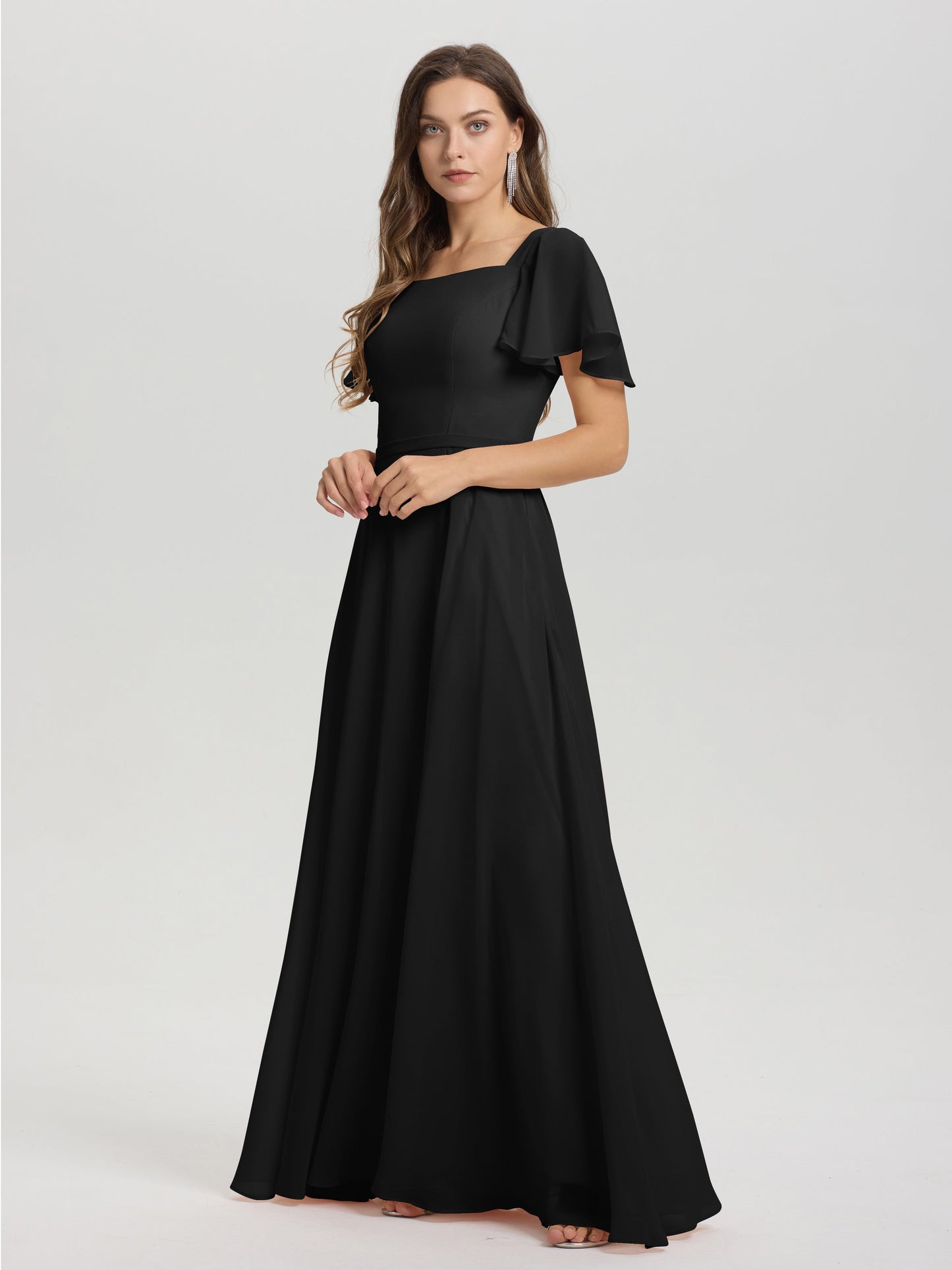 A-Line Square Neck Short Ruffle Sleeves Floor Length Chiffon Bridesmaid Dress