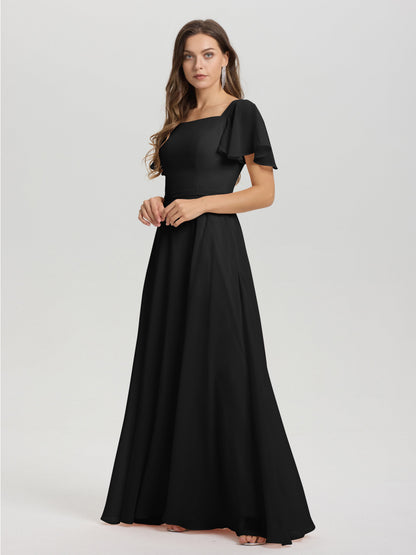 A-Line Square Neck Short Ruffle Sleeves Floor Length Chiffon Bridesmaid Dress