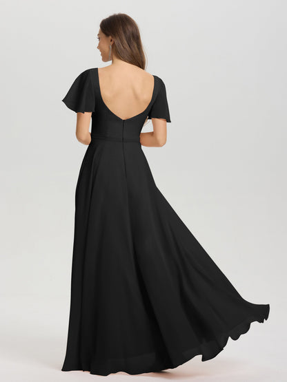 A-Line Square Neck Short Ruffle Sleeves Floor Length Chiffon Bridesmaid Dress