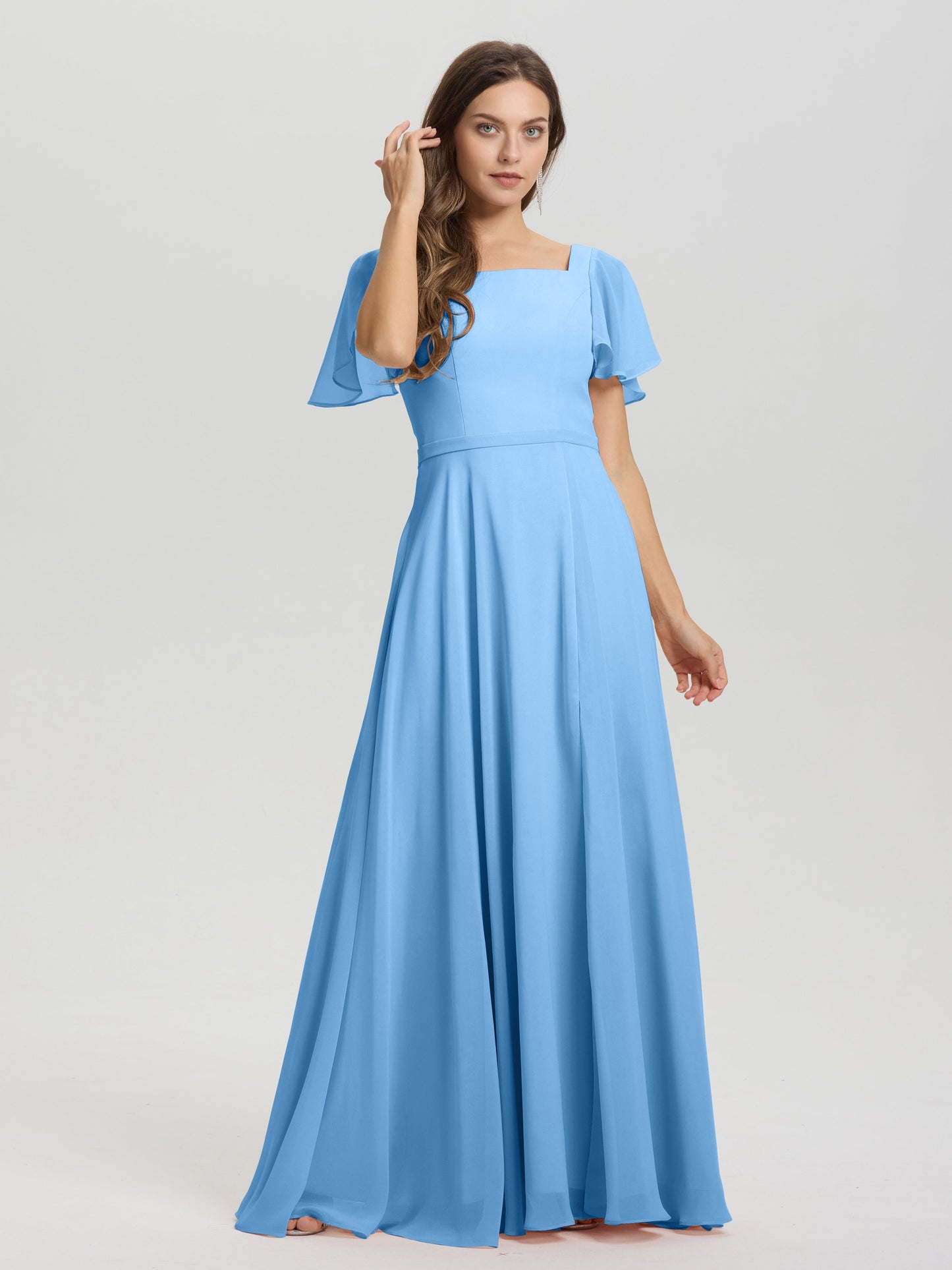A-Line Square Neck Short Ruffle Sleeves Floor Length Chiffon Bridesmaid Dress