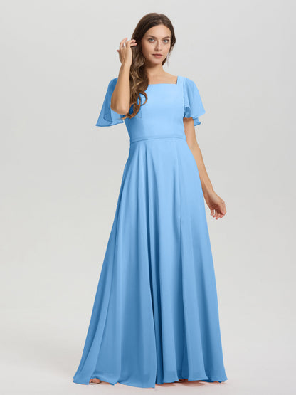 A-Line Square Neck Short Ruffle Sleeves Floor Length Chiffon Bridesmaid Dress