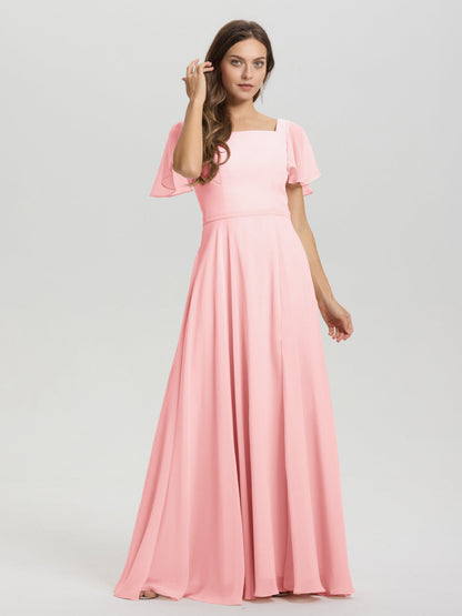 A-Line Square Neck Short Ruffle Sleeves Floor Length Chiffon Bridesmaid Dress