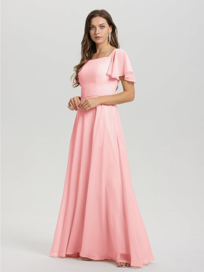 A-Line Square Neck Short Ruffle Sleeves Floor Length Chiffon Bridesmaid Dress