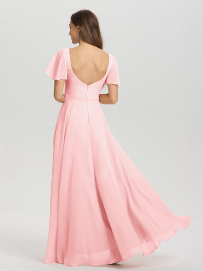 A-Line Square Neck Short Ruffle Sleeves Floor Length Chiffon Bridesmaid Dress