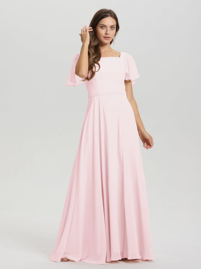 A-Line Square Neck Short Ruffle Sleeves Floor Length Chiffon Bridesmaid Dress