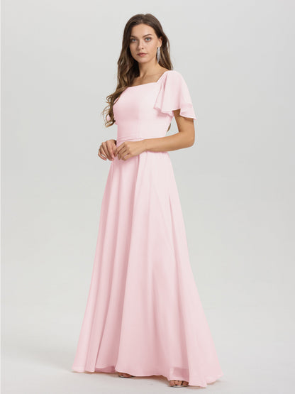 A-Line Square Neck Short Ruffle Sleeves Floor Length Chiffon Bridesmaid Dress