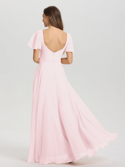 A-Line Square Neck Short Ruffle Sleeves Floor Length Chiffon Bridesmaid Dress