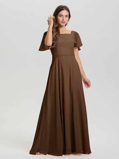 A-Line Square Neck Short Ruffle Sleeves Floor Length Chiffon Bridesmaid Dress