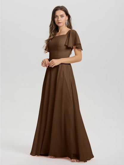 A-Line Square Neck Short Ruffle Sleeves Floor Length Chiffon Bridesmaid Dress