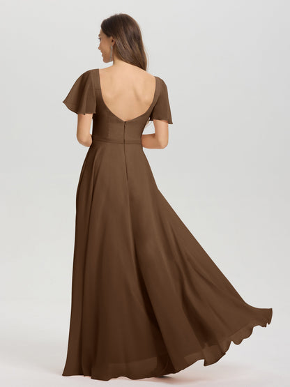 A-Line Square Neck Short Ruffle Sleeves Floor Length Chiffon Bridesmaid Dress