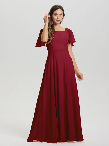 A-Line Square Neck Short Ruffle Sleeves Floor Length Chiffon Bridesmaid Dress