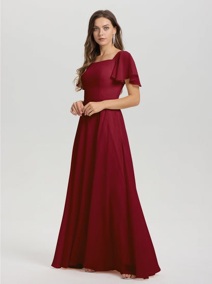 A-Line Square Neck Short Ruffle Sleeves Floor Length Chiffon Bridesmaid Dress