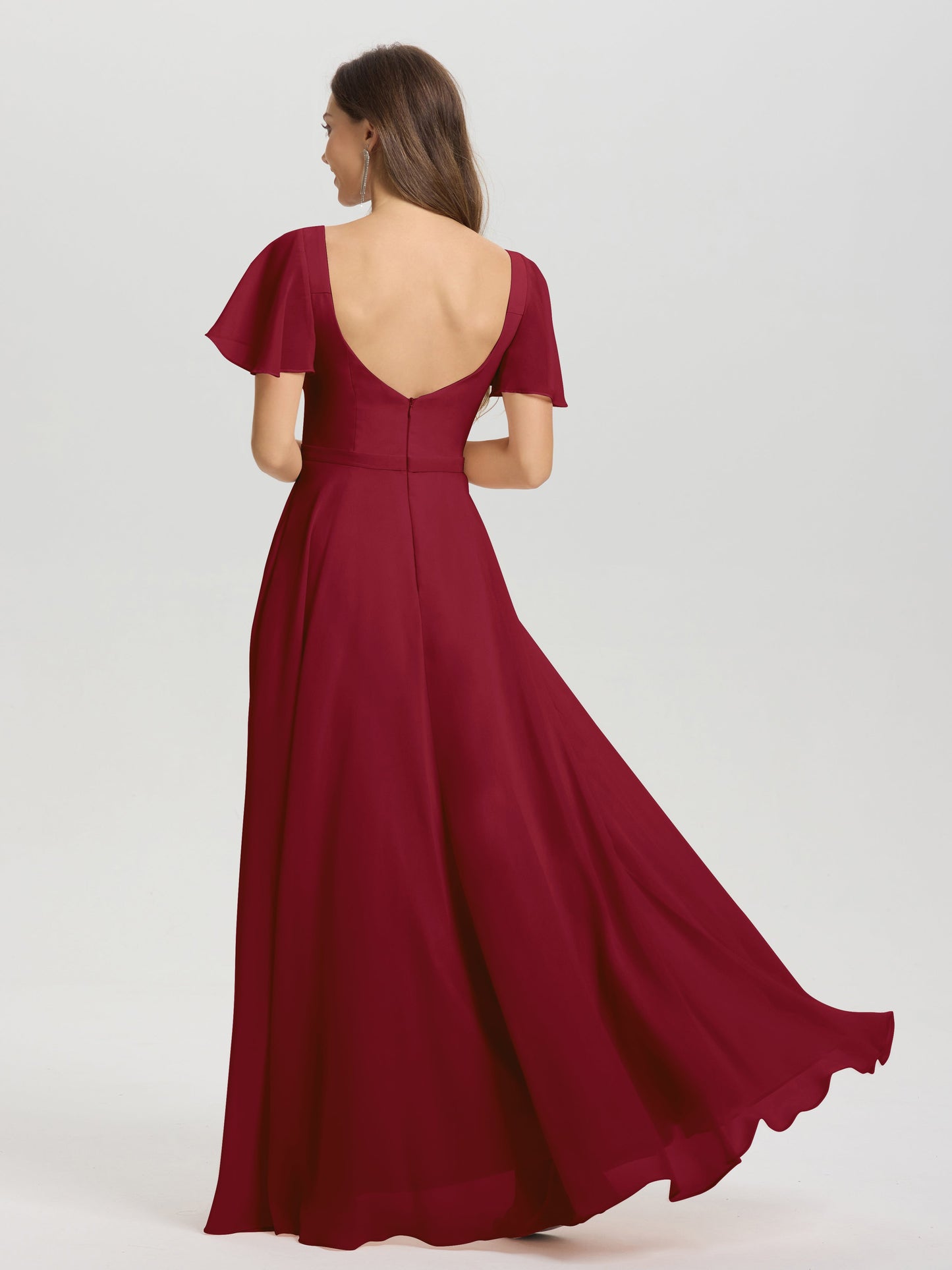 A-Line Square Neck Short Ruffle Sleeves Floor Length Chiffon Bridesmaid Dress