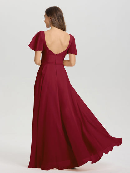 A-Line Square Neck Short Ruffle Sleeves Floor Length Chiffon Bridesmaid Dress