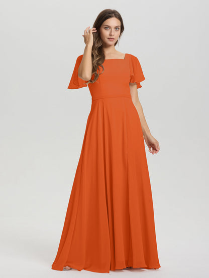 A-Line Square Neck Short Ruffle Sleeves Floor Length Chiffon Bridesmaid Dress