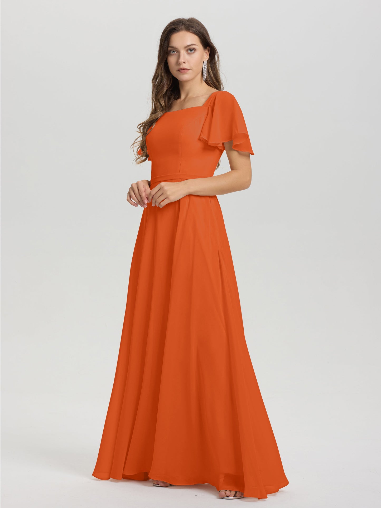A-Line Square Neck Short Ruffle Sleeves Floor Length Chiffon Bridesmaid Dress