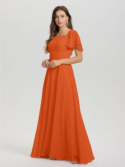 A-Line Square Neck Short Ruffle Sleeves Floor Length Chiffon Bridesmaid Dress
