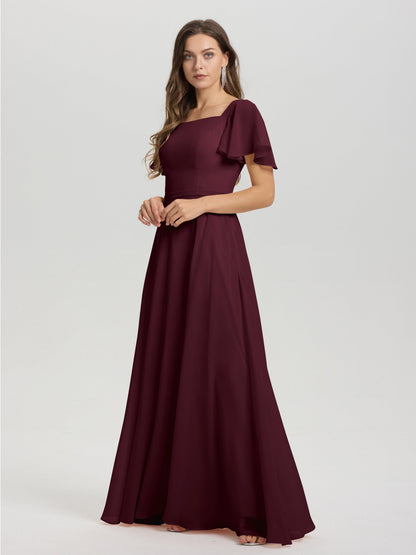 A-Line Square Neck Short Ruffle Sleeves Floor Length Chiffon Bridesmaid Dress