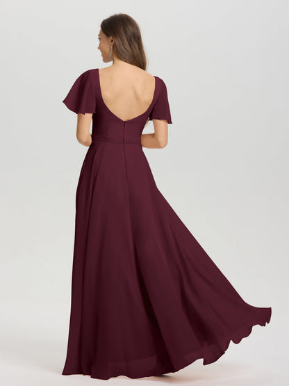 A-Line Square Neck Short Ruffle Sleeves Floor Length Chiffon Bridesmaid Dress
