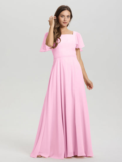A-Line Square Neck Short Ruffle Sleeves Floor Length Chiffon Bridesmaid Dress