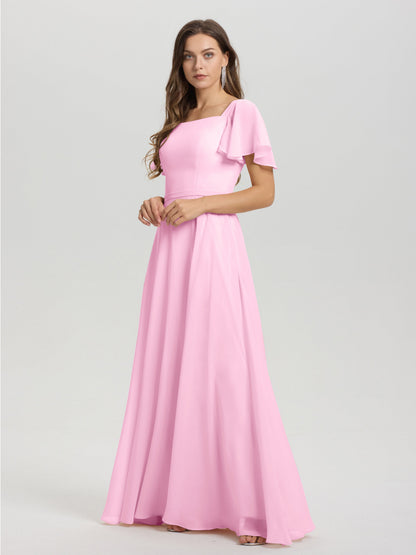 A-Line Square Neck Short Ruffle Sleeves Floor Length Chiffon Bridesmaid Dress