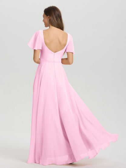 A-Line Square Neck Short Ruffle Sleeves Floor Length Chiffon Bridesmaid Dress