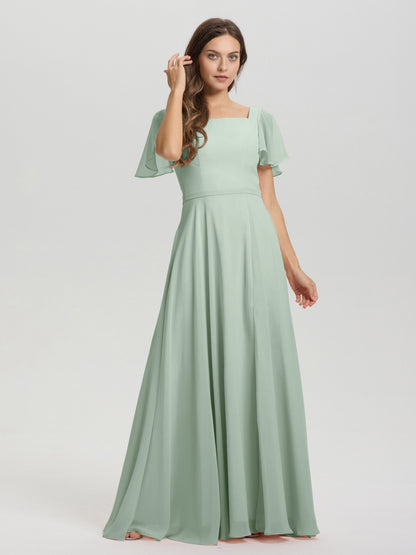 A-Line Square Neck Short Ruffle Sleeves Floor Length Chiffon Bridesmaid Dress