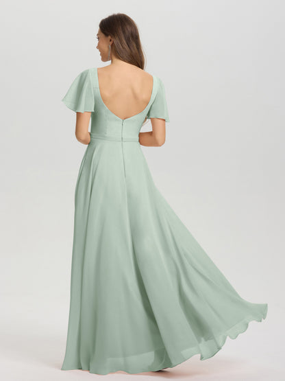 A-Line Square Neck Short Ruffle Sleeves Floor Length Chiffon Bridesmaid Dress