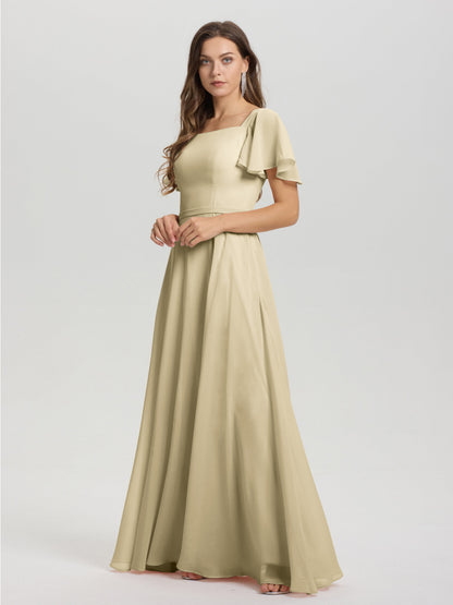 A-Line Square Neck Short Ruffle Sleeves Floor Length Chiffon Bridesmaid Dress